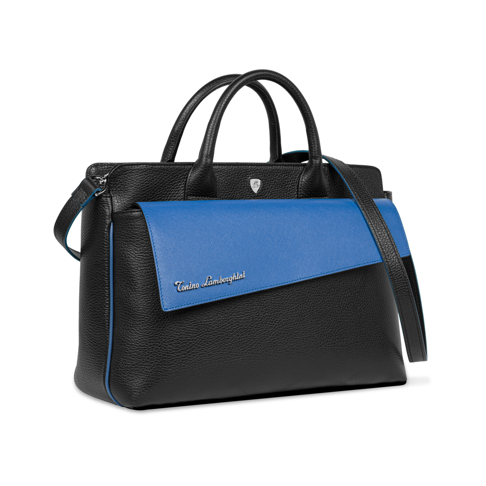 TAGLIO BAG Black Business Bag with Blue Saffiano insert